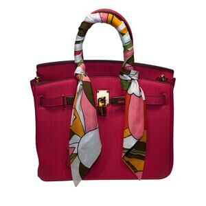 Hot Pink Fuchsia Structured Leather Tote Gold Hardware Glam Crossbody Statement